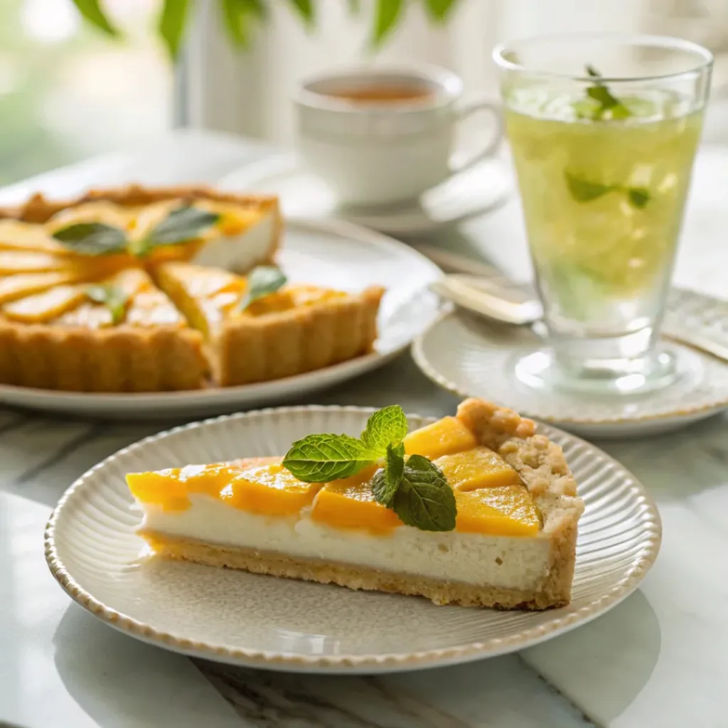 Slice of mango tart served with tea and mint garnish