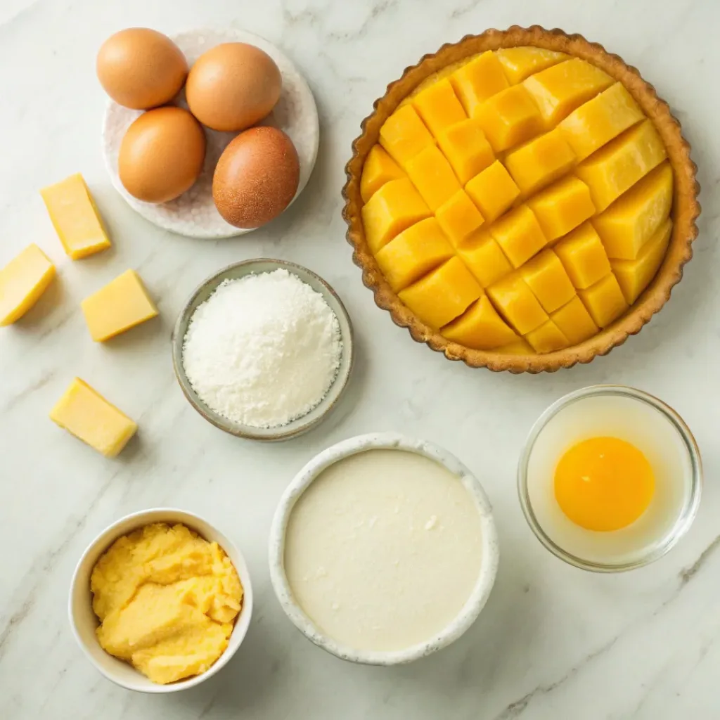 Flat lay of mangoes, cream, flour, butter, sugar, and baking ingredients