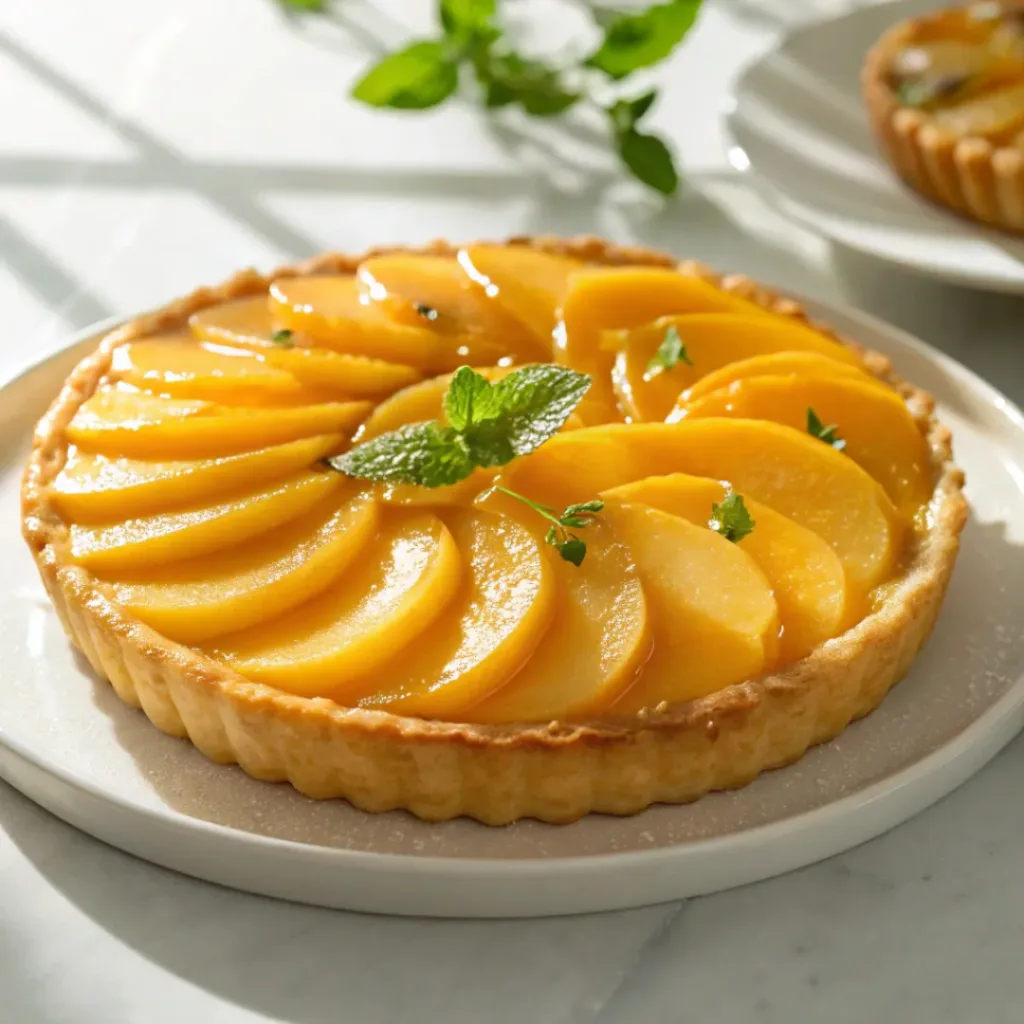 Mango tart with cream filling and fresh mango slices on golden crust