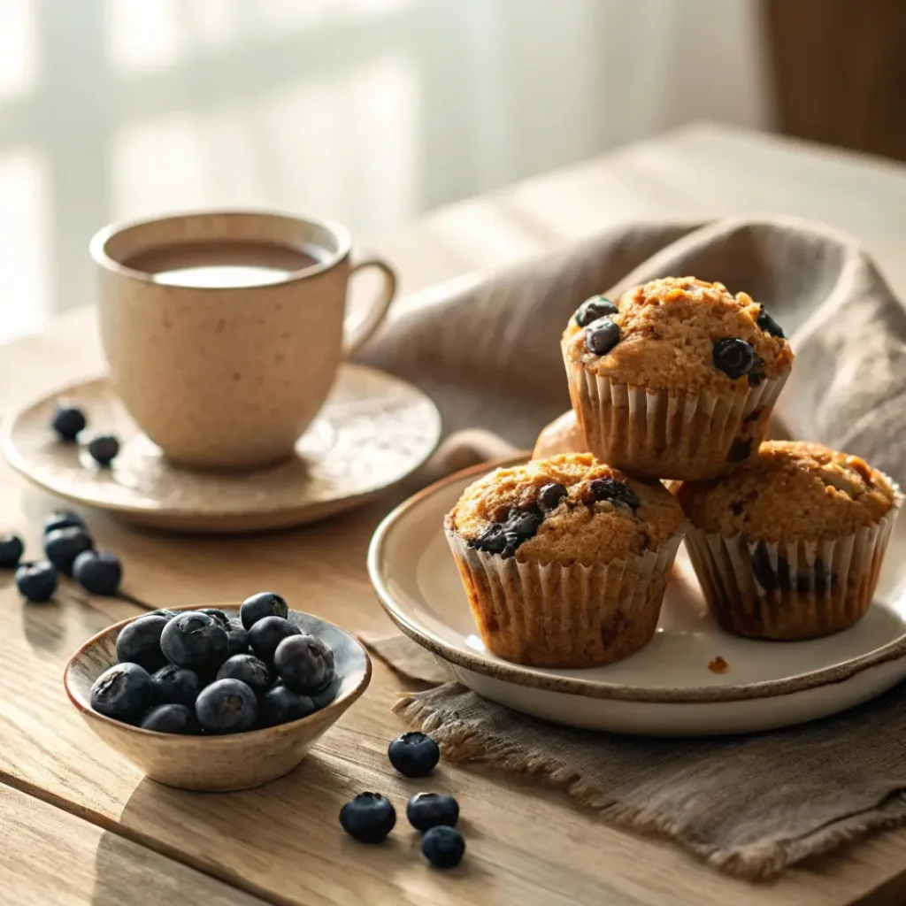 Zucchini blueberry muffins served with coffee and maple syrup