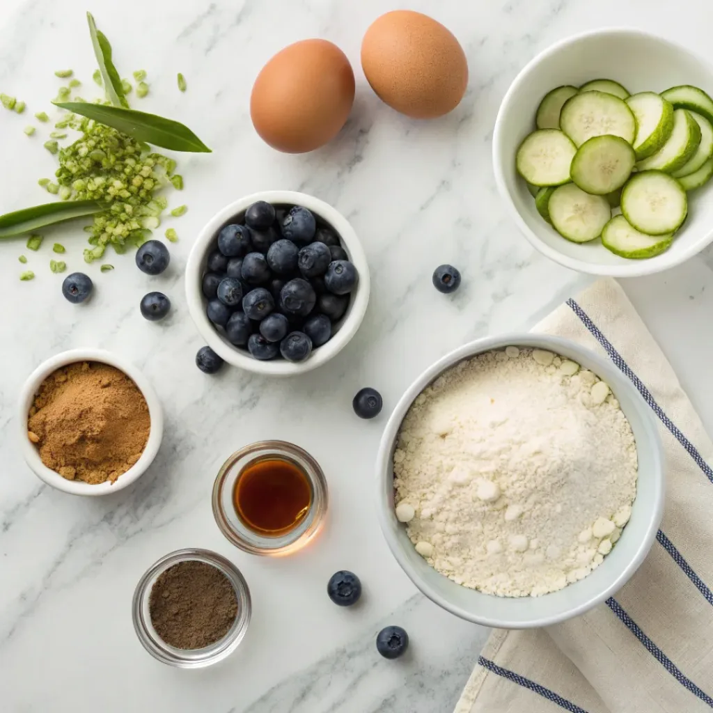 Flat lay of zucchini, blueberries, flour, eggs, maple syrup, and baking ingredients