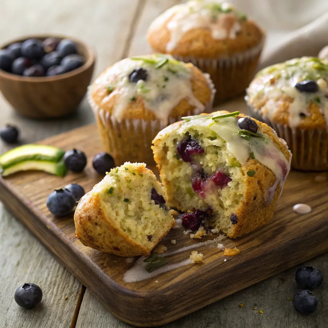 Blueberry zucchini muffins with maple glaze on rustic board