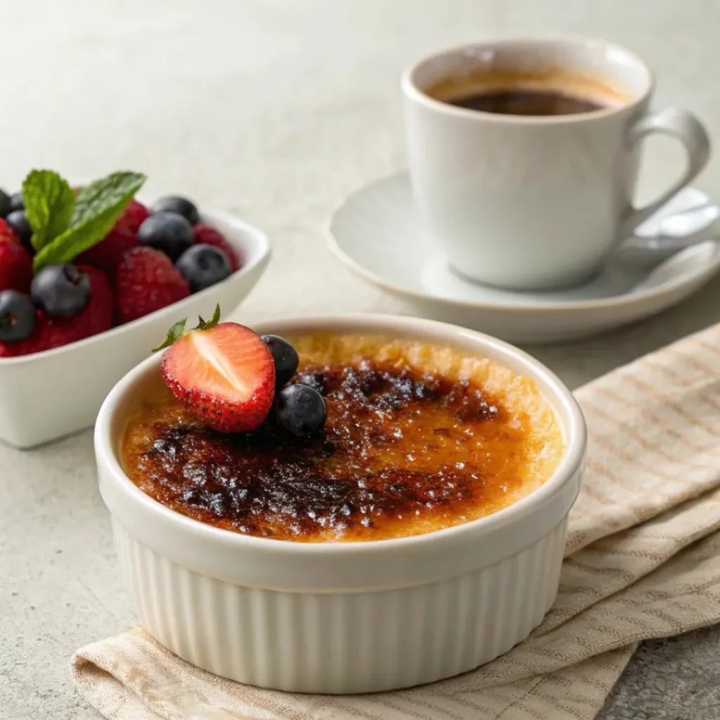 Maple crème brûlée served with berries and espresso