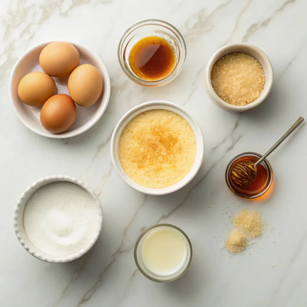 Flat lay of cream, eggs, maple syrup, sugar, and dessert ingredients