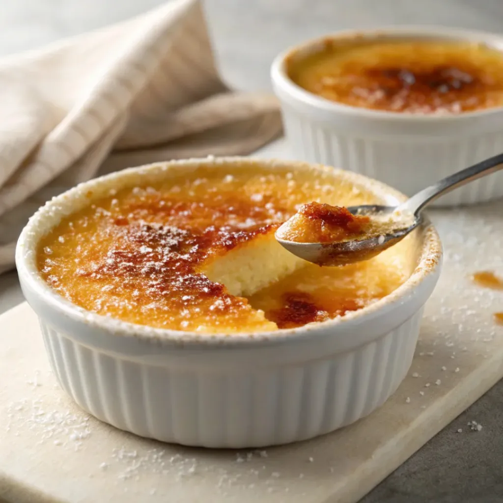 Maple crème brûlée with caramelized sugar crust in ramekin