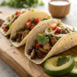 Mushroom tacos with avocado, cilantro, and sauce in soft tortillas