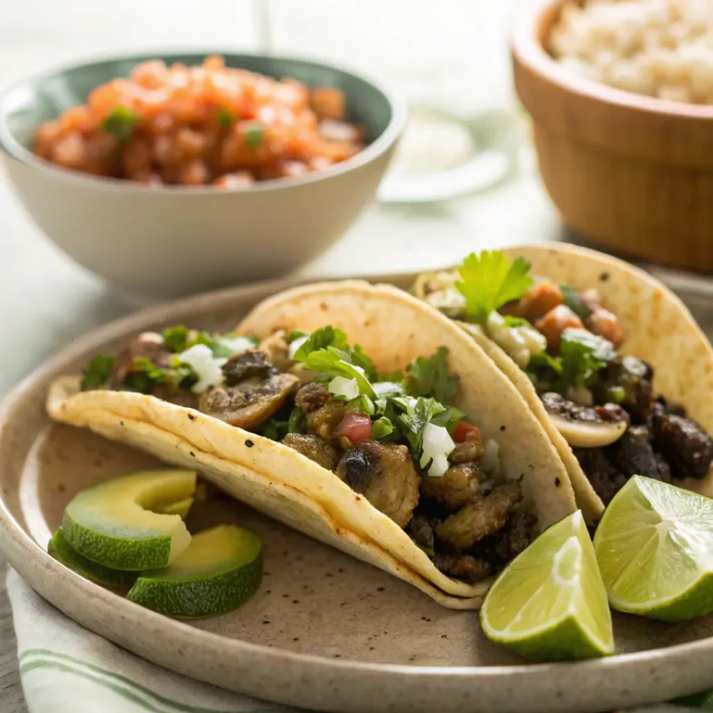 Mushroom tacos served with salsa, lime, and side of rice or salad