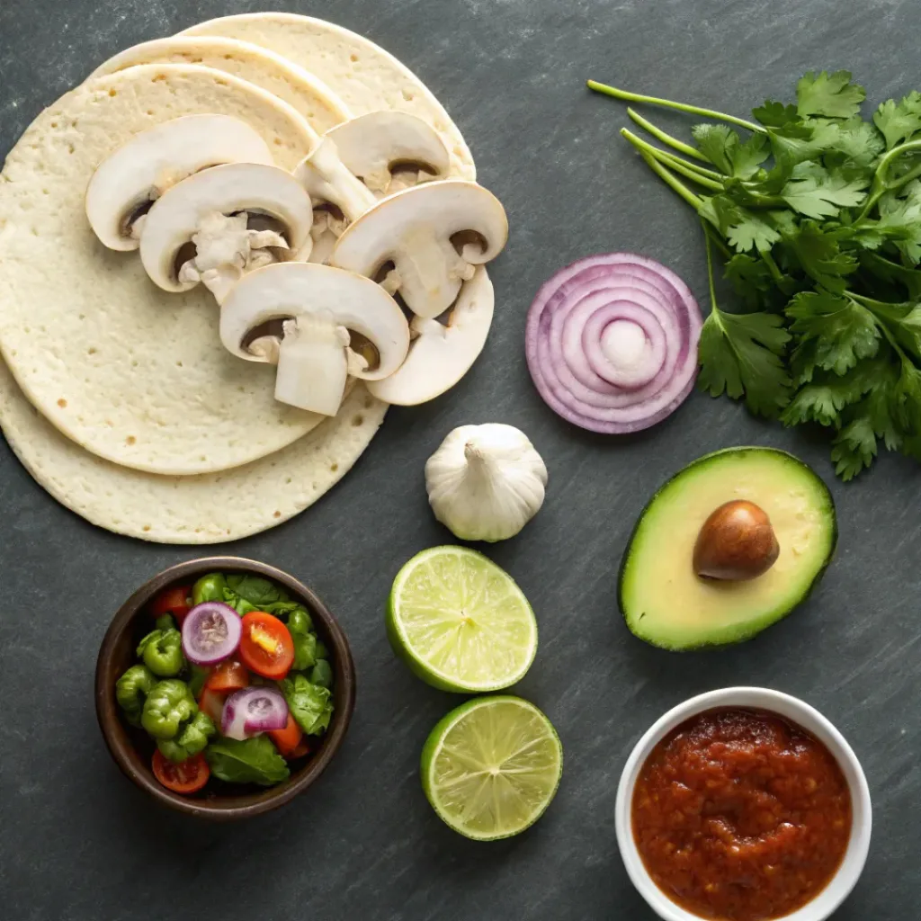 Flat lay of mushrooms, tortillas, avocado, spices, and taco toppings