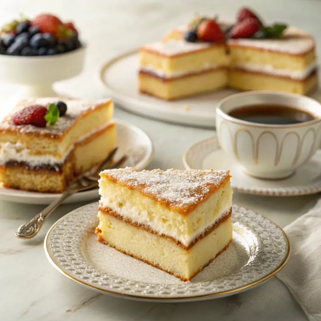 Slice of Neiman Marcus cake served with coffee and berries
