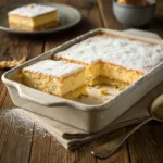 Neiman Marcus cake with creamy top layer and golden base in baking dish