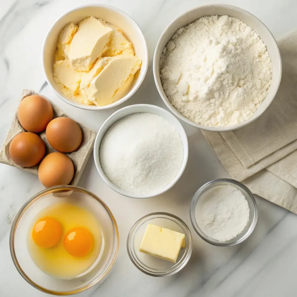 Flat lay of cake mix, cream cheese, eggs, butter, and sugar