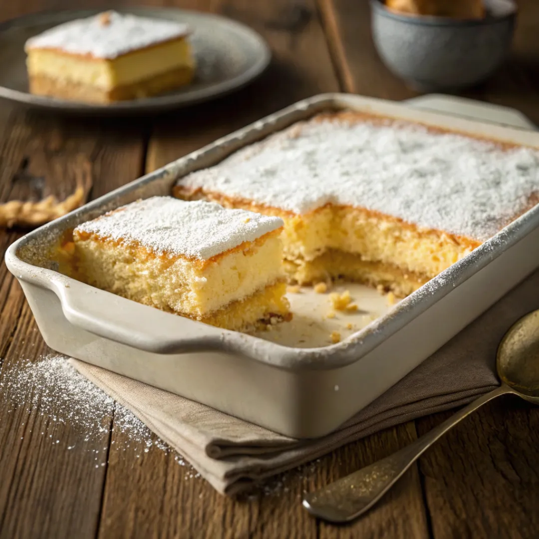 Neiman Marcus cake with creamy top layer and golden base in baking dish