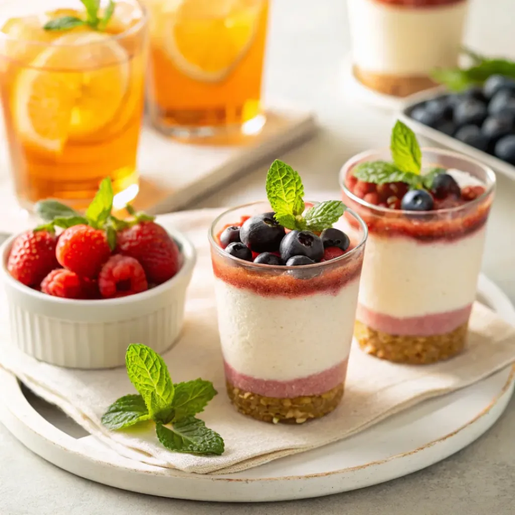 Berry cheesecake cups served with refreshing drinks on table
