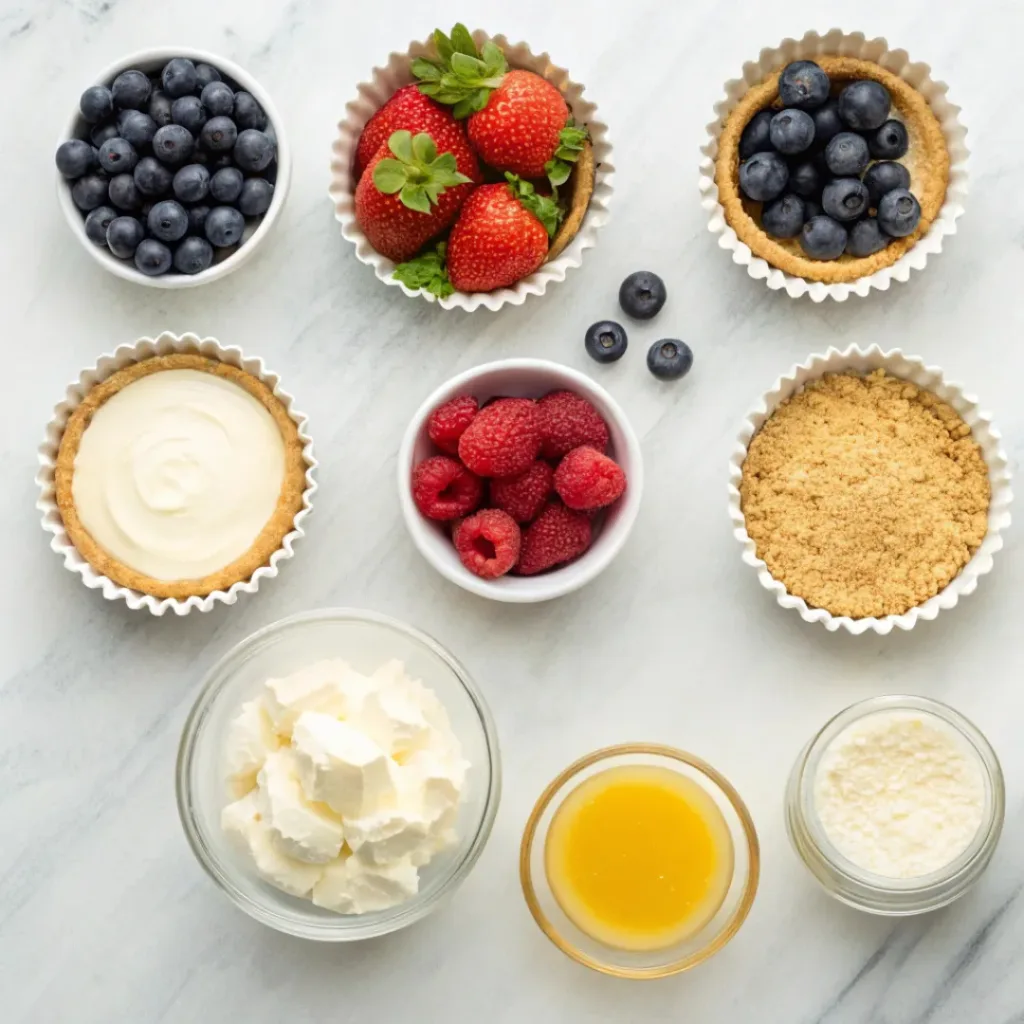 Flat lay of berries, cream cheese, graham crackers, and dessert ingredients