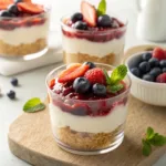 No bake berry cheesecake cups with layered cream and fresh berries
