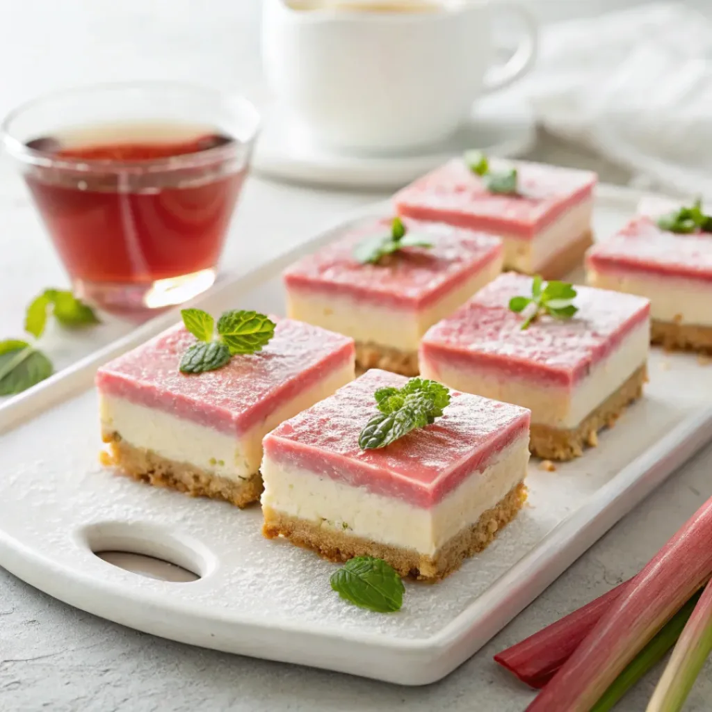 Rhubarb cheesecake squares served with tea and fresh garnish on dessert platter