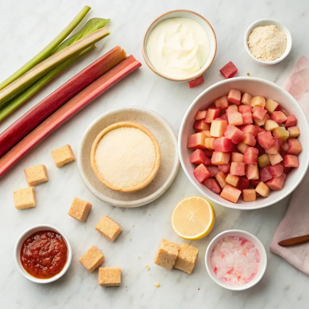 Flat lay of cream cheese, rhubarb, graham crackers, sugar, and cheesecake ingredients