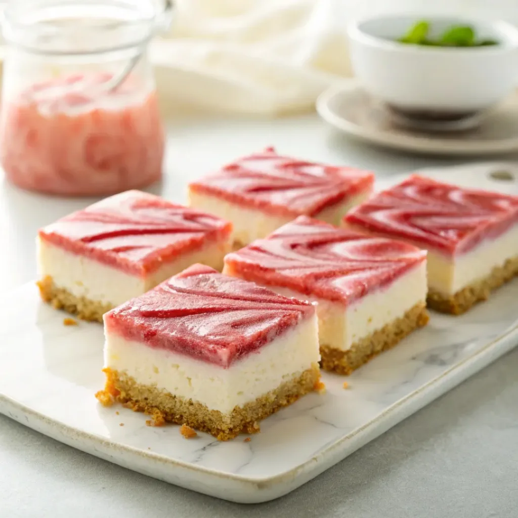 Layered no bake cheesecake squares topped with rhubarb compote on white plate