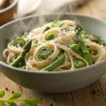 One-pot pasta with fiddlehead ferns, asparagus, and creamy sauce