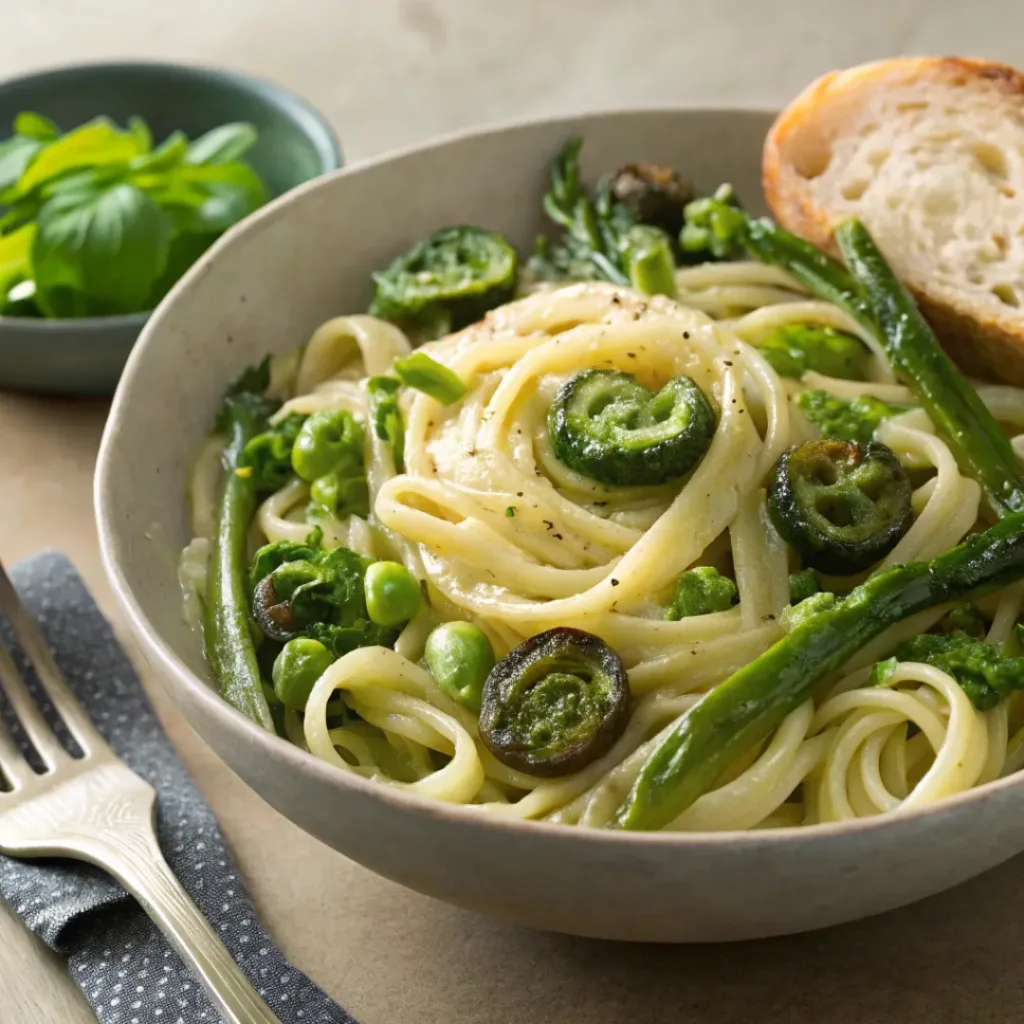 One-pot fiddlehead pasta served with bread and salad