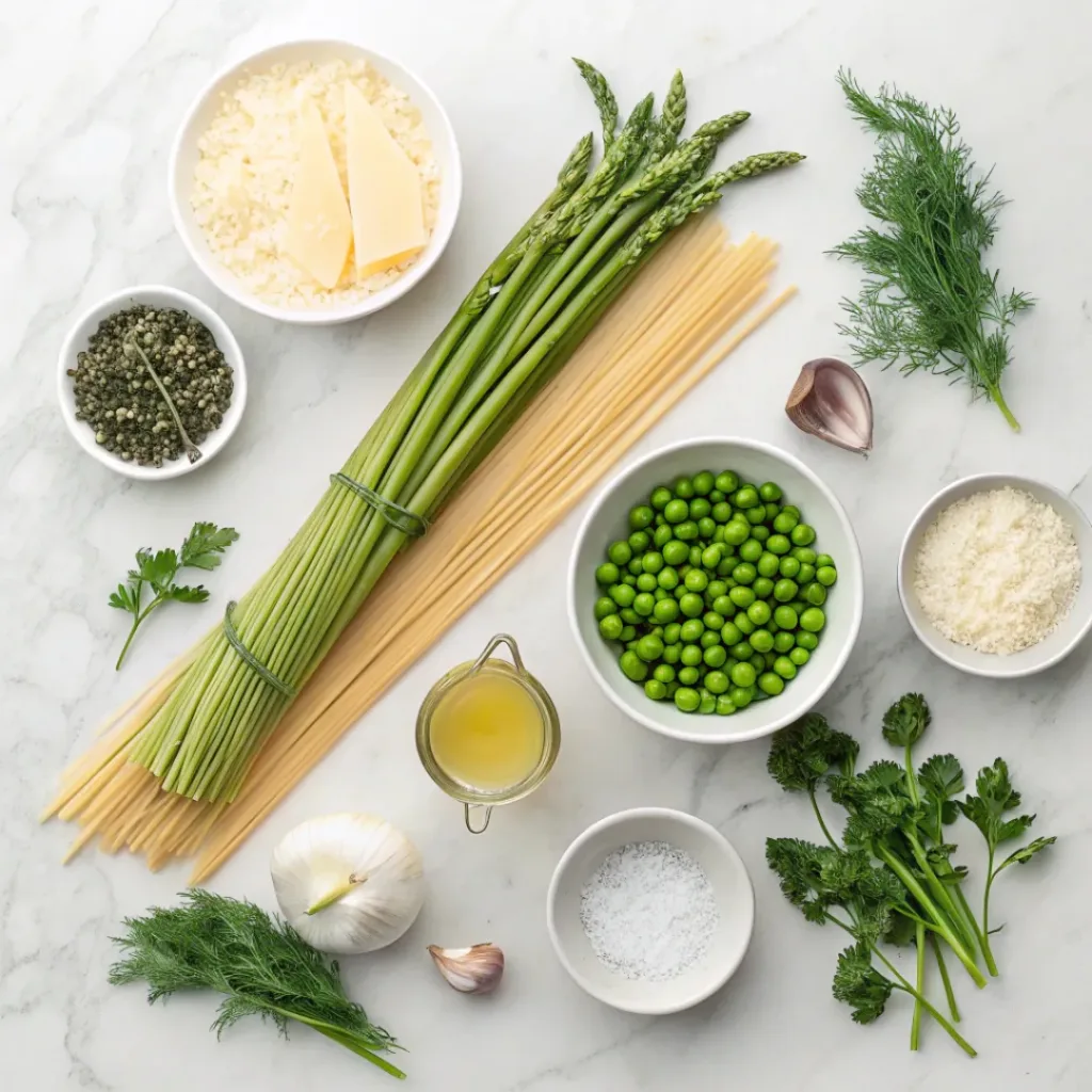 Flat lay of pasta, fiddlehead ferns, asparagus, peas, and cooking ingredients