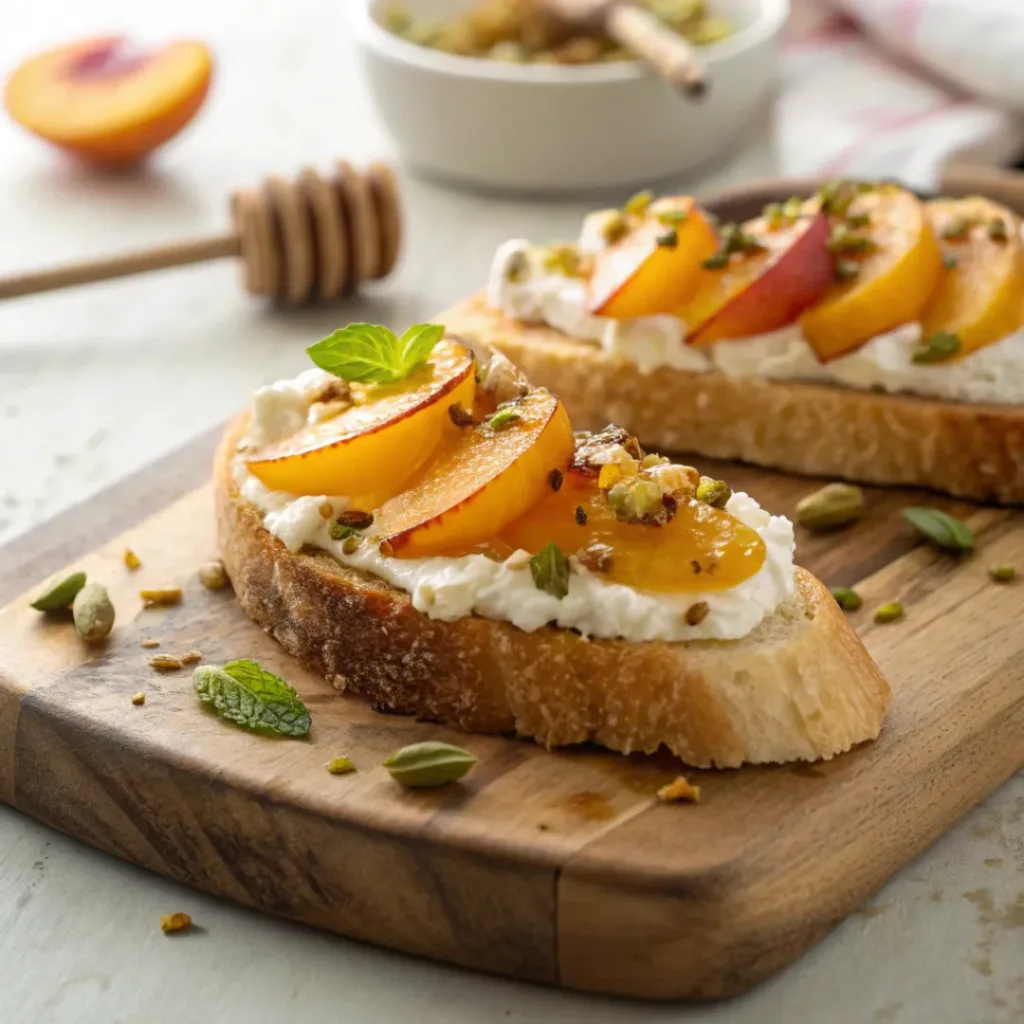 Peach bruschetta dessert served with iced drink in summer garden setting