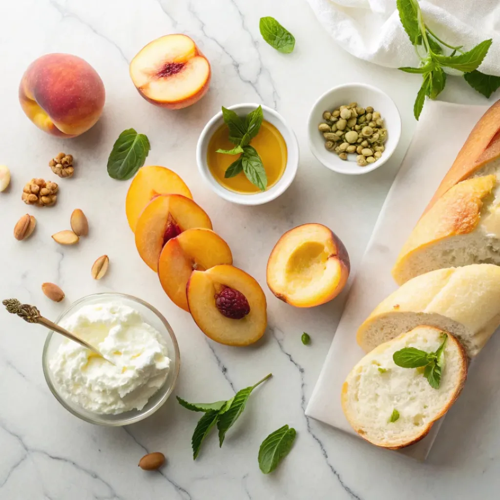 Flat lay of peaches, bread, mascarpone, honey, mint, and pistachios