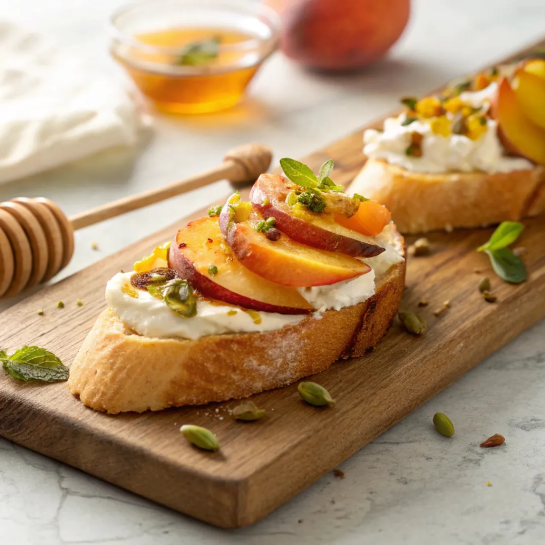 Toasted bread topped with peaches, cream, honey, and mint