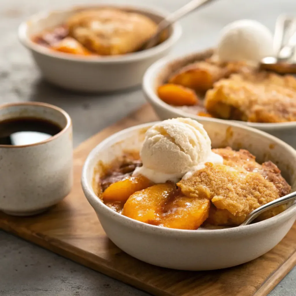 Peach cobbler served warm with ice cream
