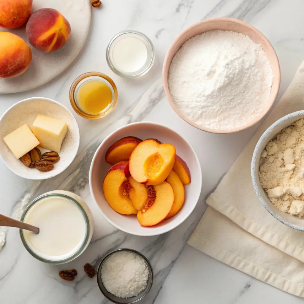 Flat lay of peaches, flour, butter, sugar, and baking ingredients
