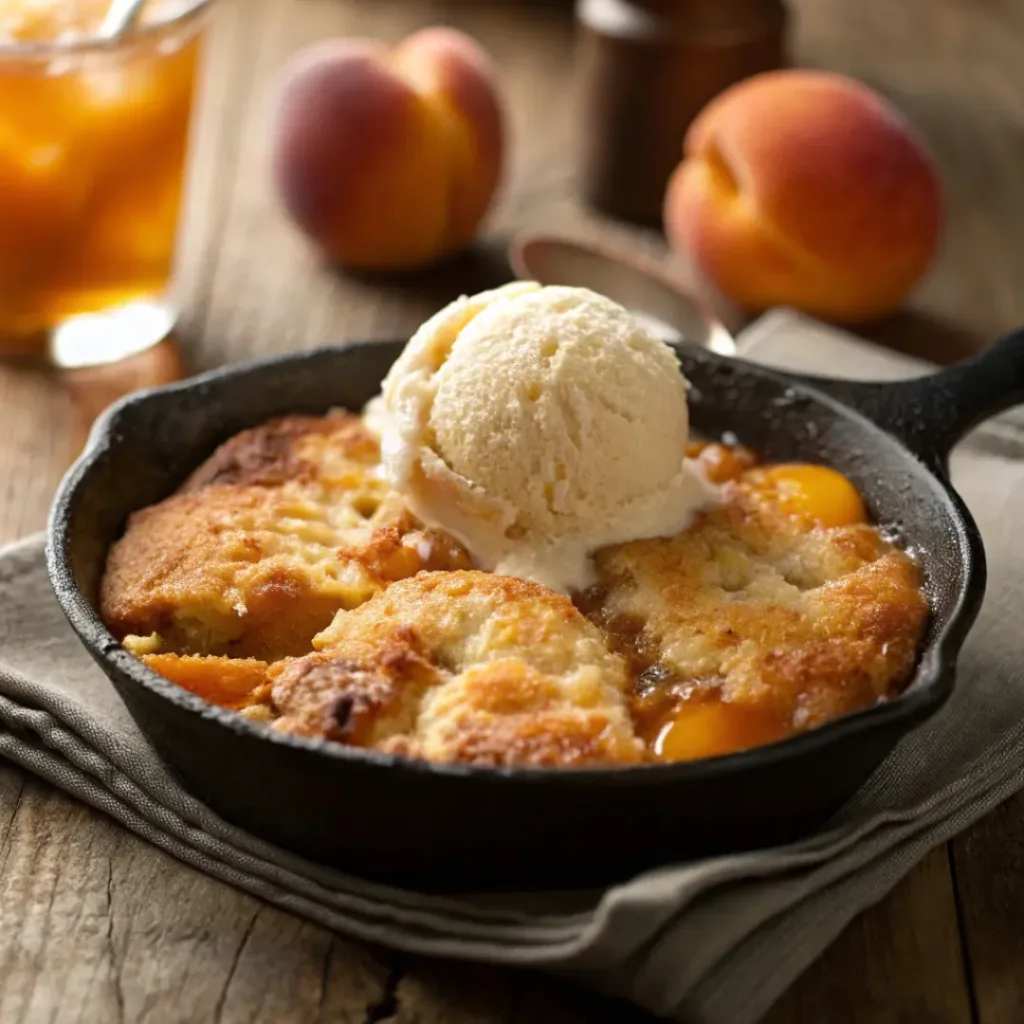 Peach cobbler with golden topping and melting ice cream