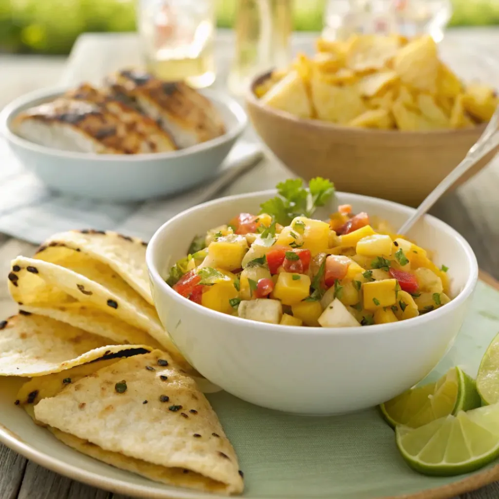 Pineapple mango salsa served with chips and grilled dishes