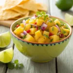 Pineapple mango salsa with cilantro and lime in colorful bowl