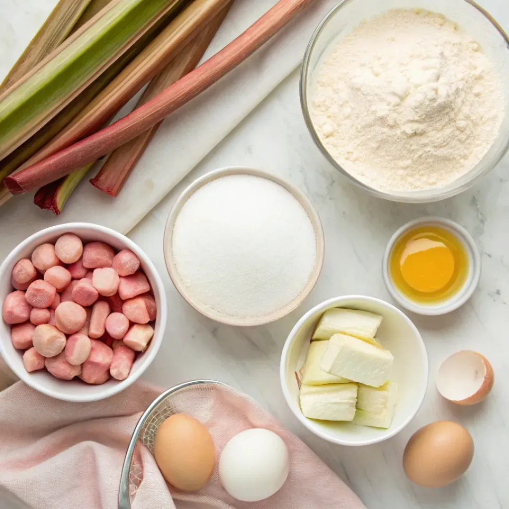 Flat lay of rhubarb, flour, eggs, sugar, butter, and baking ingredients