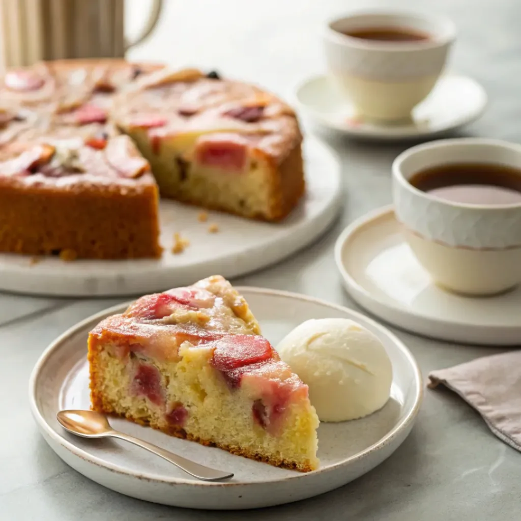 Slice of rhubarb cake with glaze served with tea