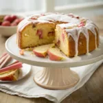 Rhubarb cake with vanilla glaze and moist crumb on cake stand