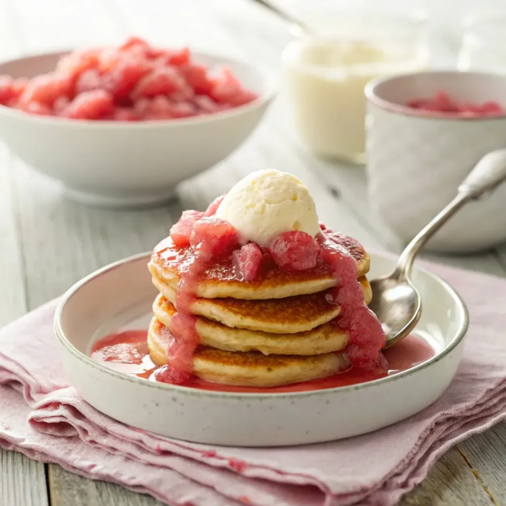 Rhubarb compote served over pancakes and yogurt