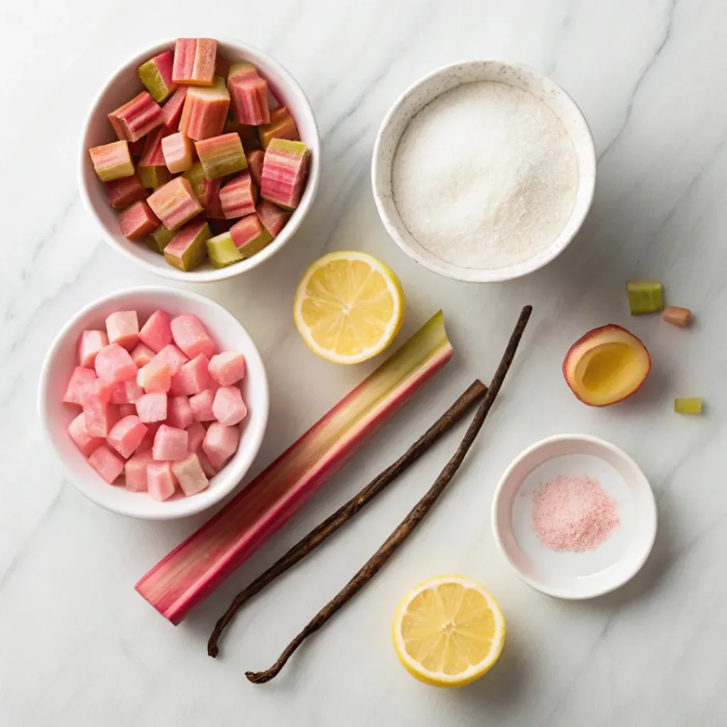 Flat lay of rhubarb, sugar, lemon, and compote ingredients