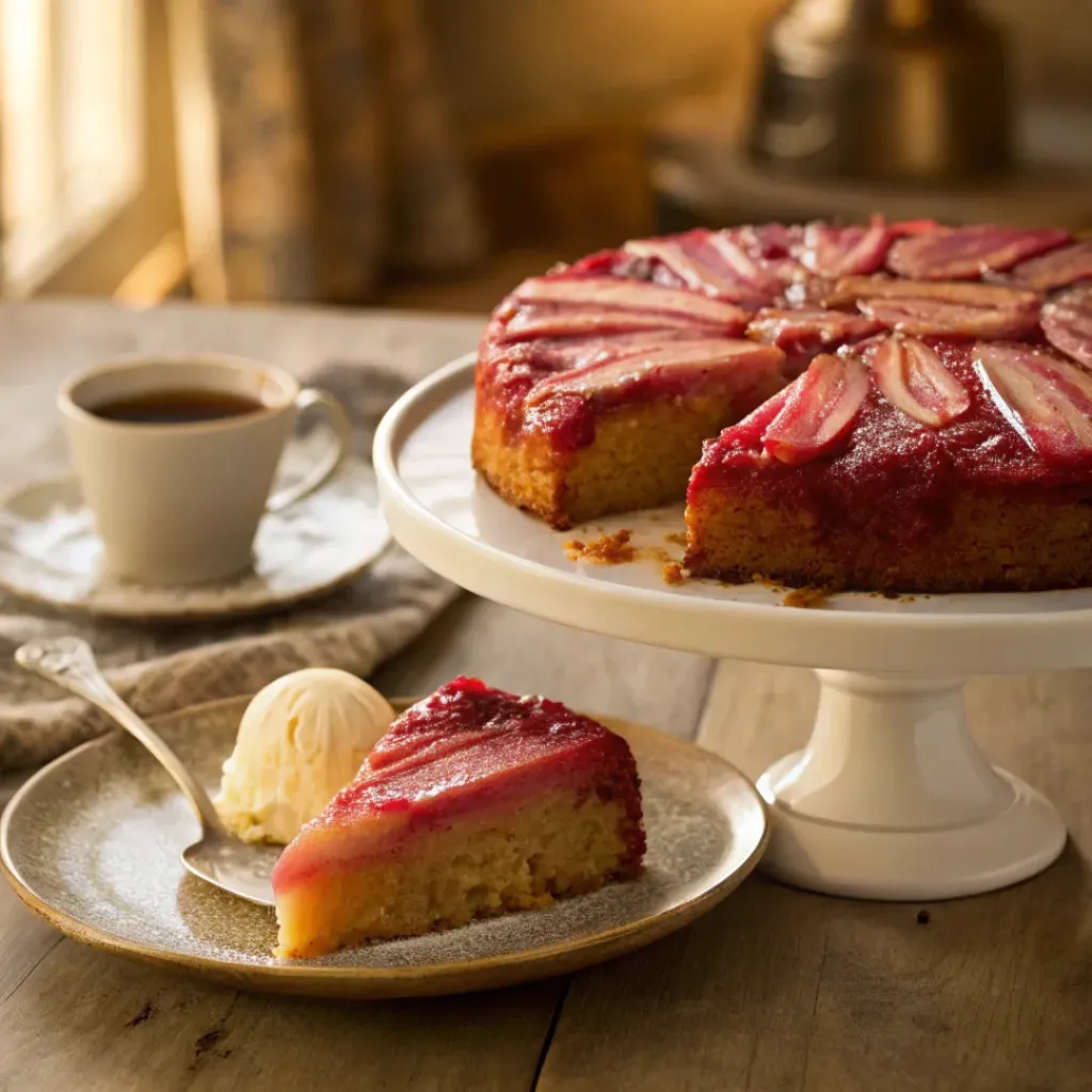 Rhubarb upside down cake served with ice cream and tea on rustic table