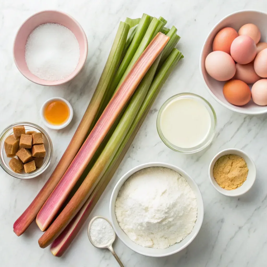 Flat lay of rhubarb, flour, sugar, eggs, butter, and baking ingredients