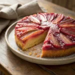 Slice of rhubarb upside down cake with caramelized pink rhubarb topping