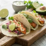 Salmon tacos with cabbage slaw, avocado, and lime sauce