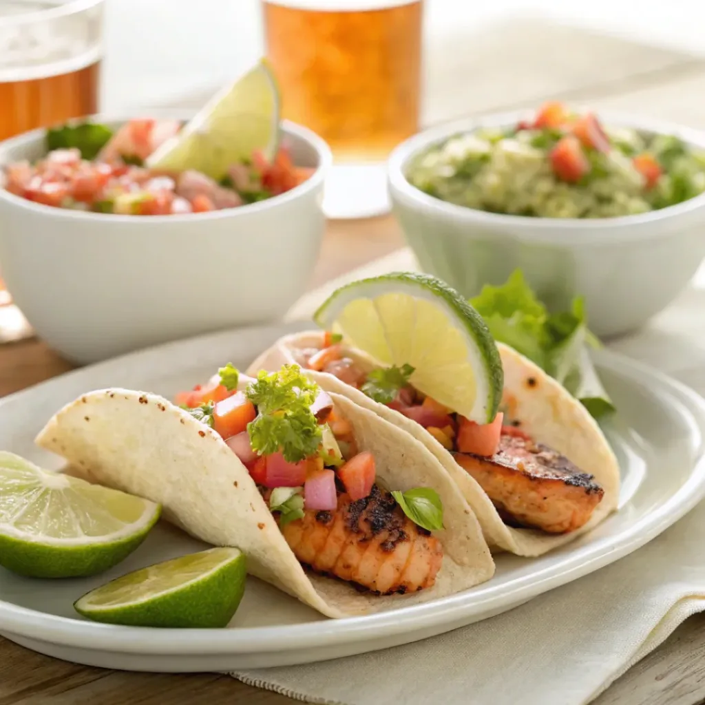 Salmon tacos served with salsa and refreshing drink
