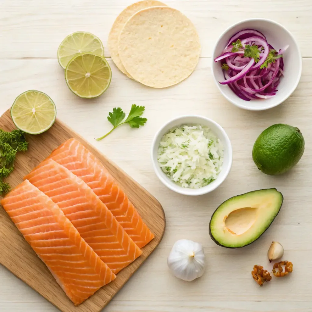 Flat lay of salmon, tortillas, cabbage, avocado, lime, and taco ingredients