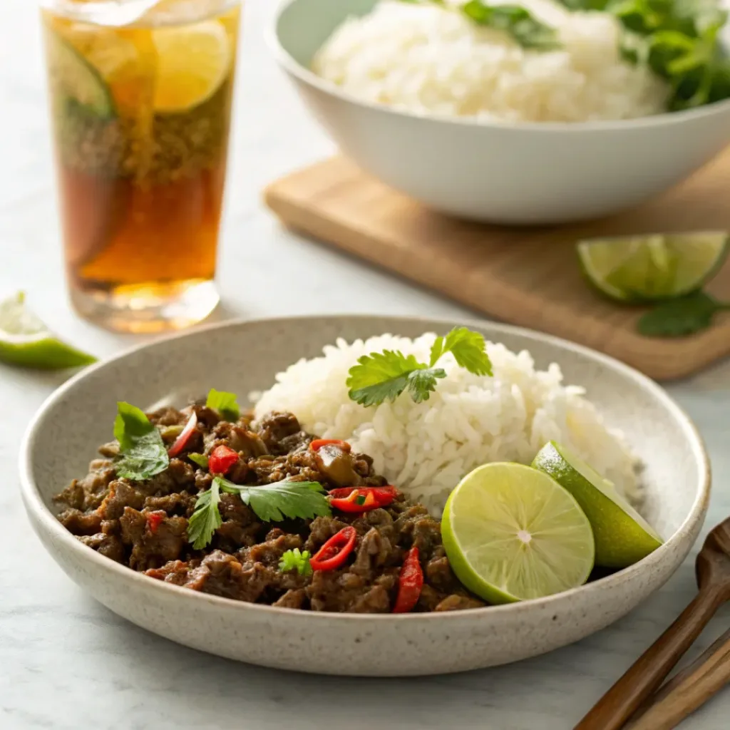 Spicy beef larb served with coconut rice and lime wedges