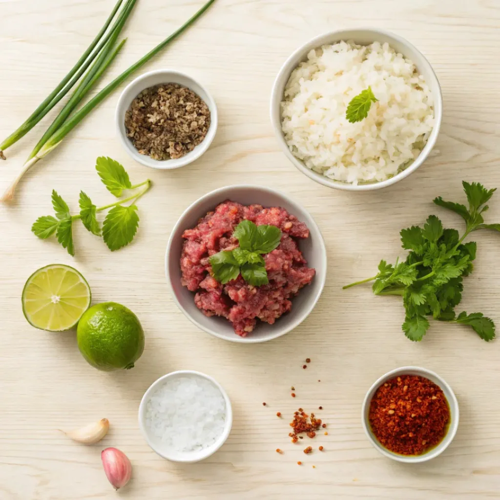 Flat lay of ground beef, herbs, lime, chili, rice, and coconut milk