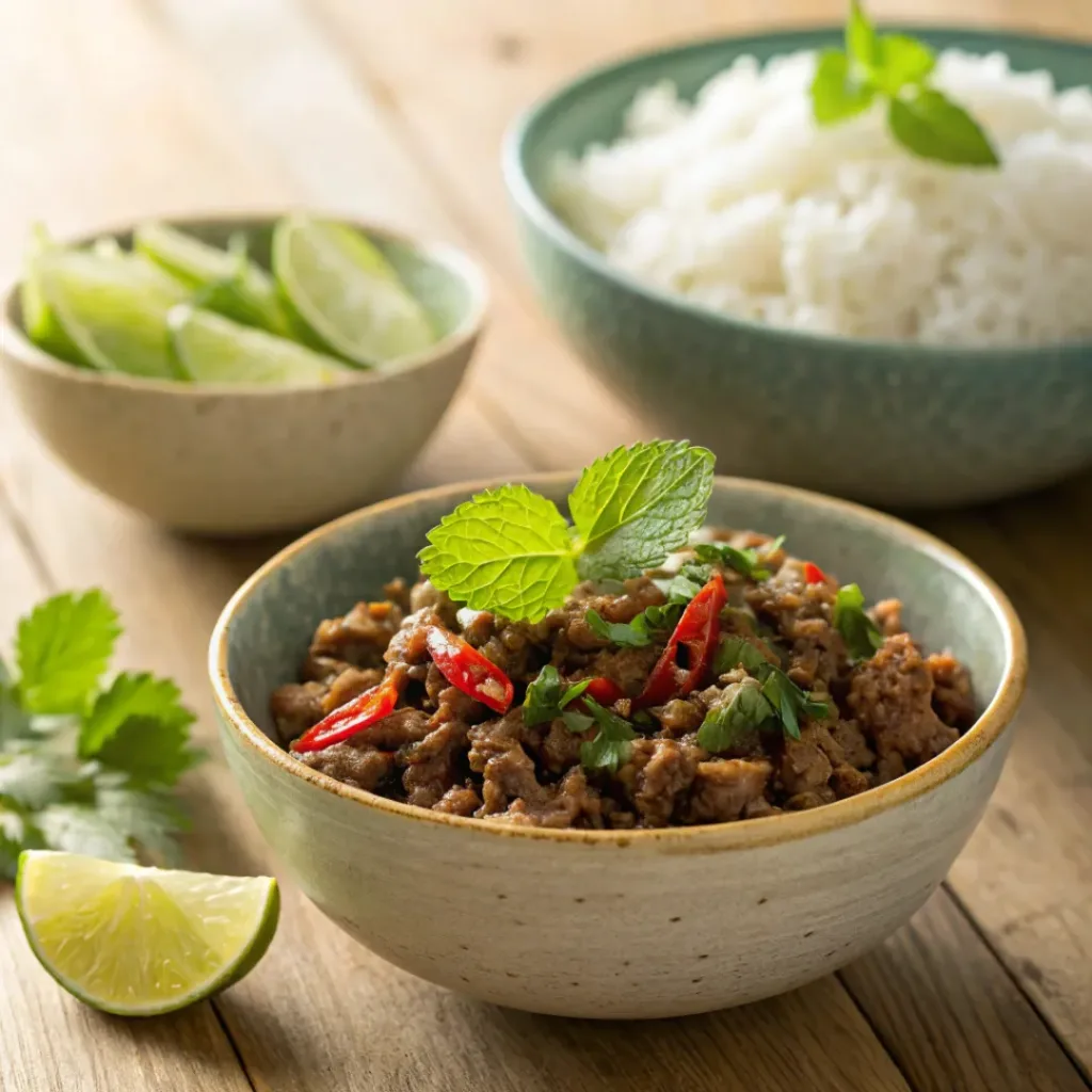 Spicy beef larb with herbs served with coconut rice