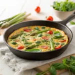 Spring vegetable frittata with asparagus, peas, and tomatoes in skillet
