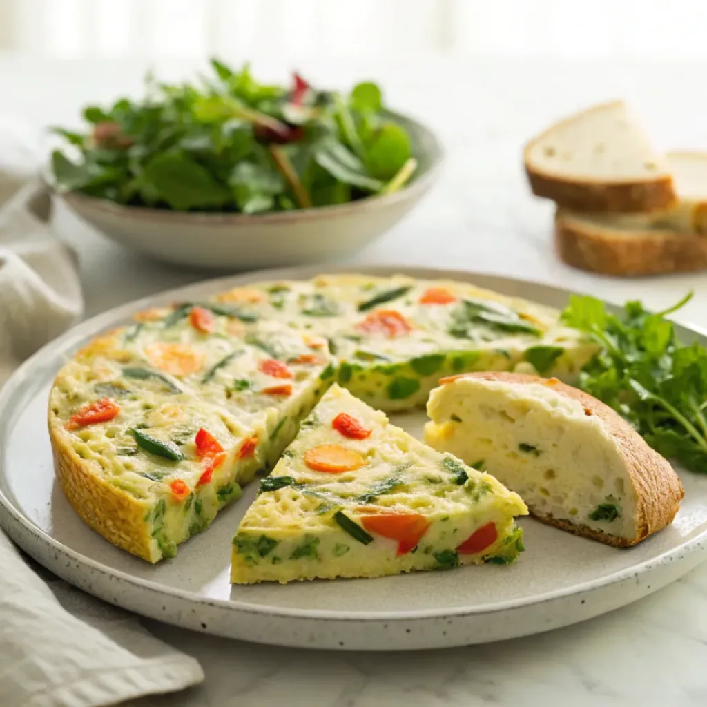 Spring vegetable frittata slice served with salad and toast