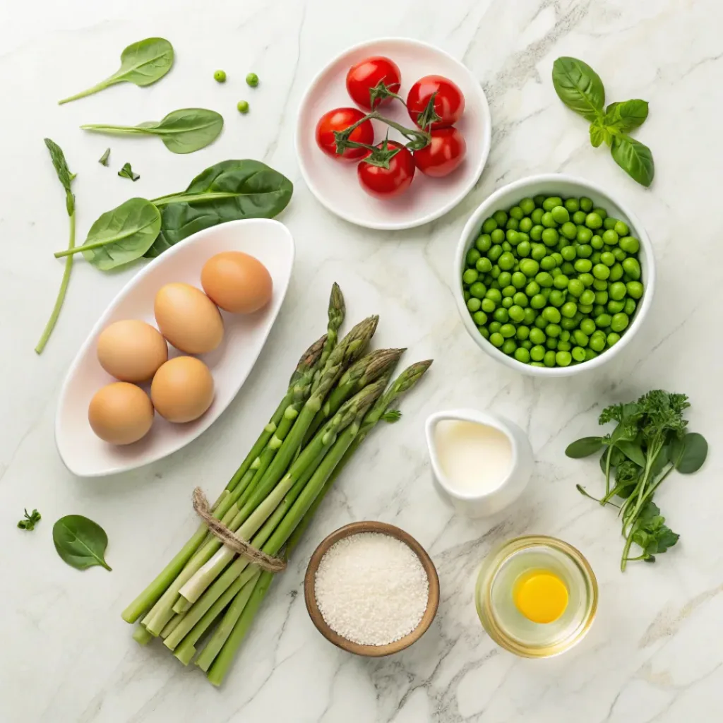 Flat lay of eggs, vegetables, cheese, and frittata ingredients